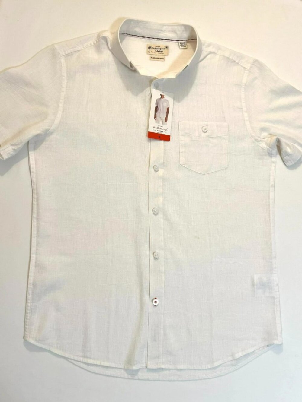 Weatherproof Vintage Size M Washable Linen Short Sleeve Shirt - White